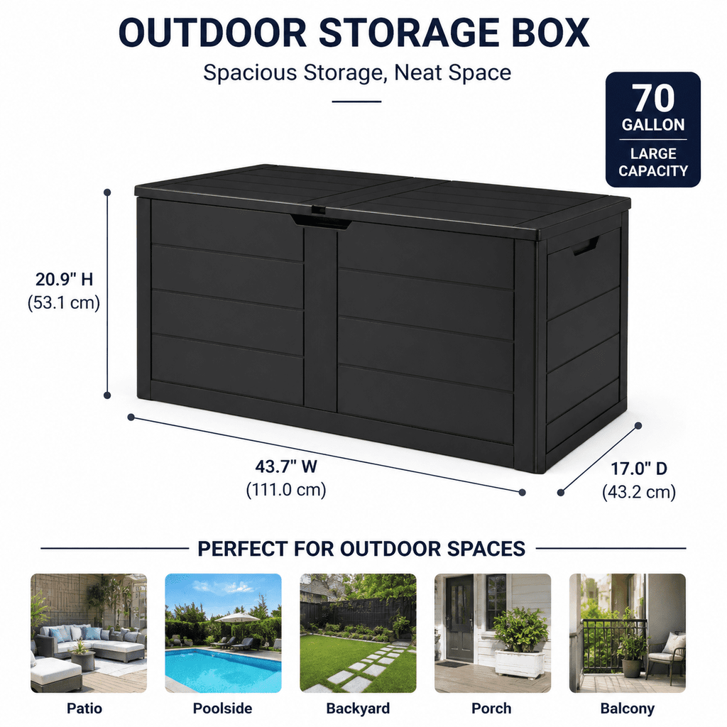 ZEUKMXOO 70 Gallon Deck Box - Waterproof Outdoor Patio Storage Box for Cushions, Pool Gear & Garden Tools, Black