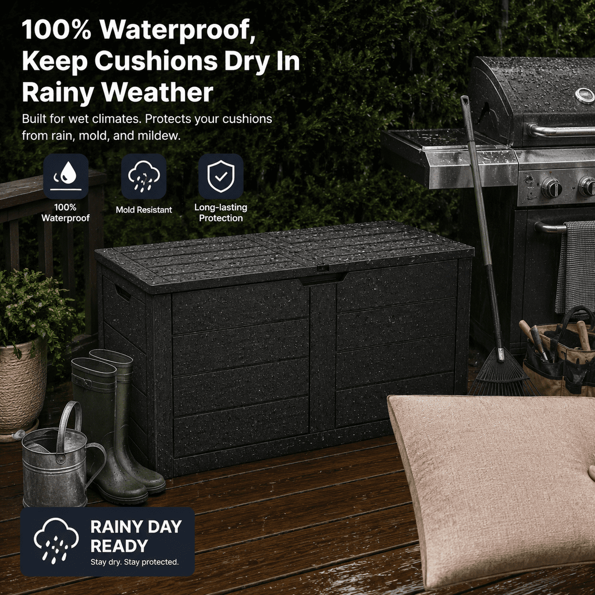 ZEUKMXOO 70 Gallon Deck Box - Waterproof Outdoor Patio Storage Box for Cushions, Pool Gear & Garden Tools, Black