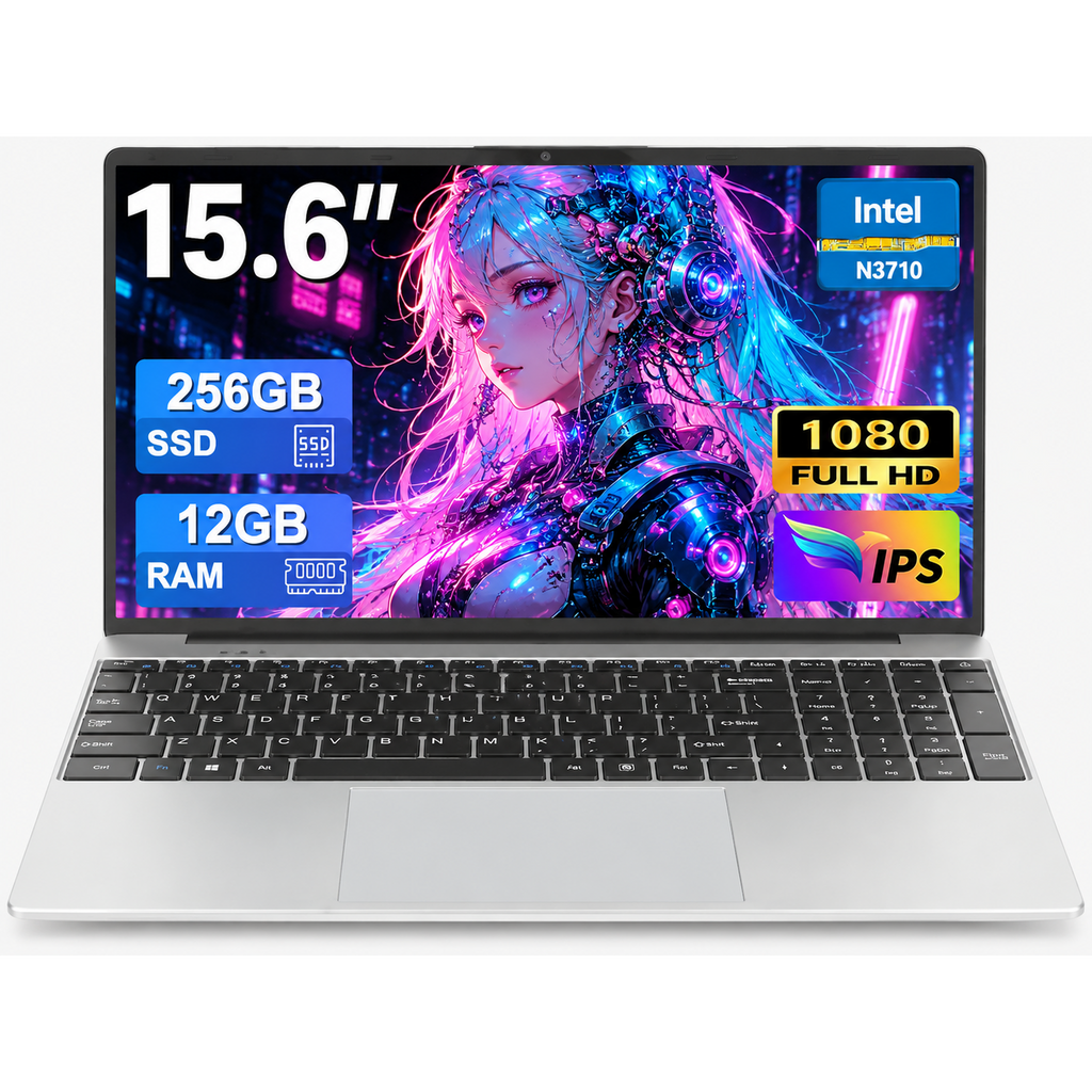 15.6" Student Laptop Computer, Intel N3700 Processor, 12GB RAM, 256GB SSD, Notebook PC for School, Business, Home Office & Beginners