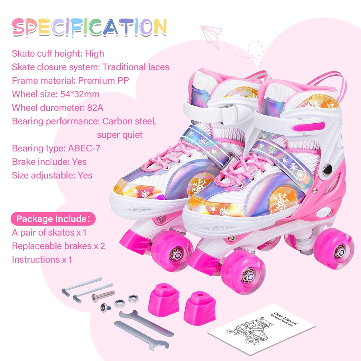 BVIVOK Adjustable Kids Roller Skates for Girls with Light up Wheels, Pink, Size 10C-13C