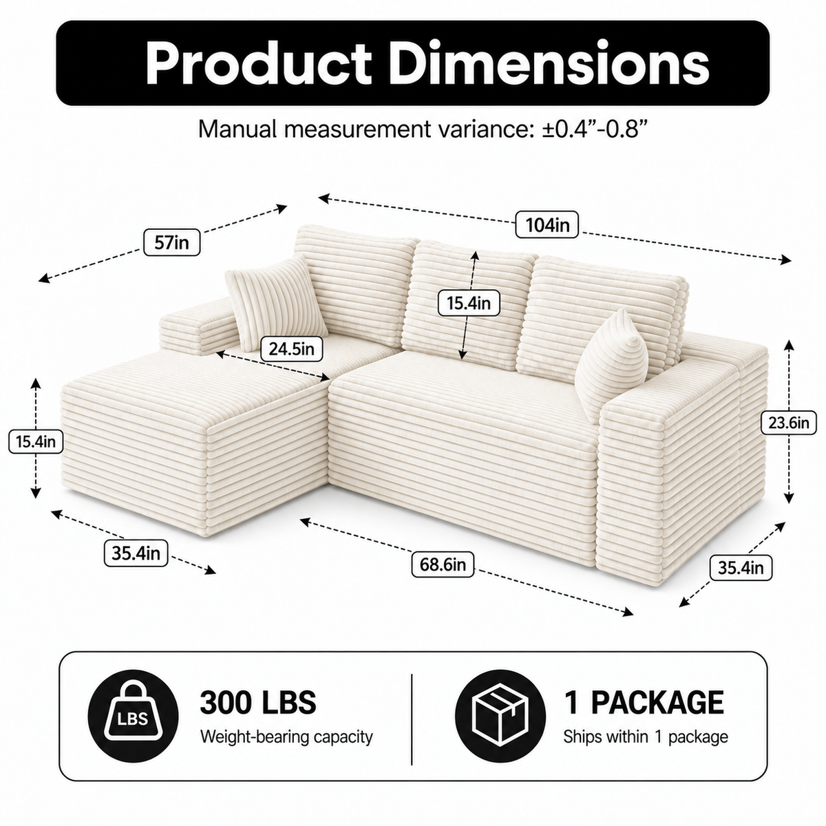 104" Boneless Cloud Sectional Couch with L Shape Chaise, Modern Corduroy Modular Sofa with Deep Seat for Living Room, White