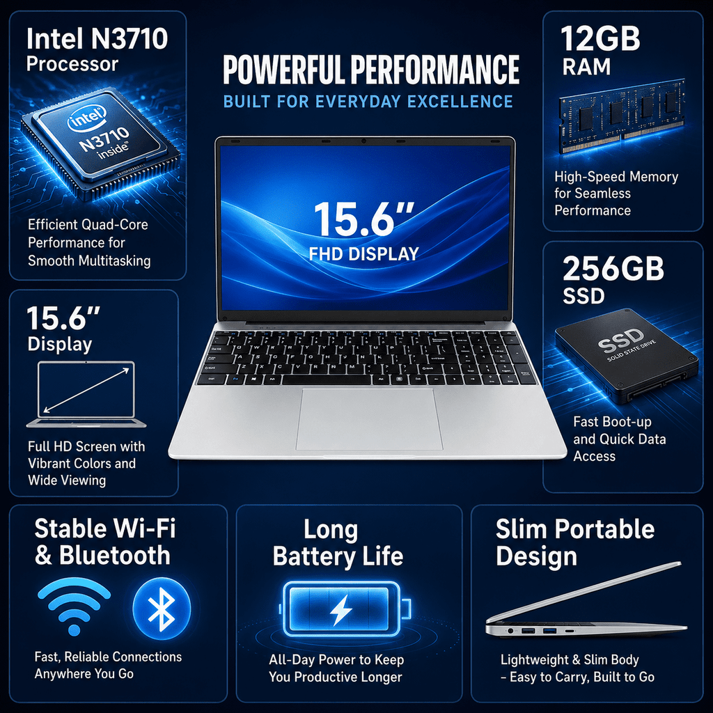 15.6" Student Laptop Computer, Intel N3700 Processor, 12GB RAM, 256GB SSD, Notebook PC for School, Business, Home Office & Beginners
