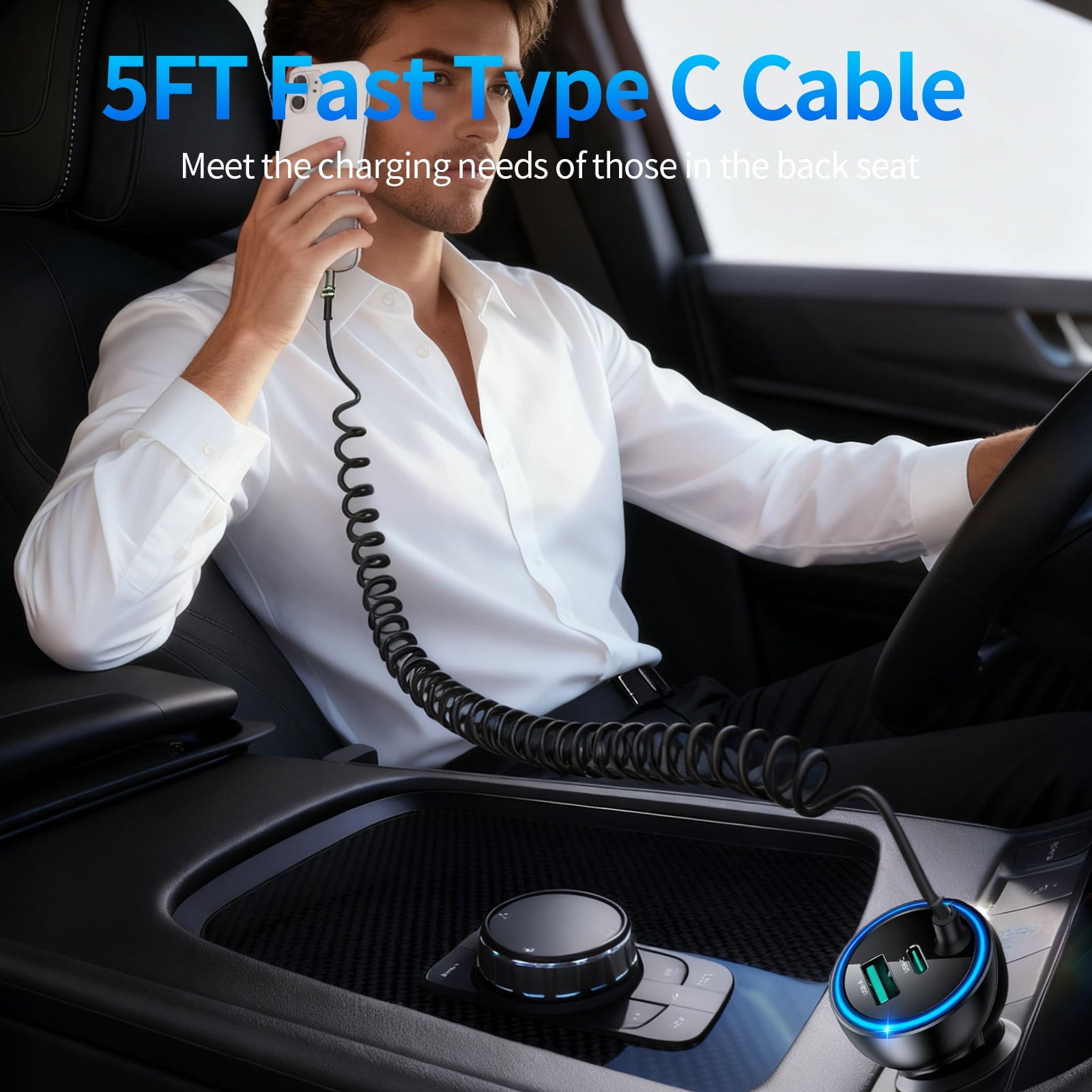 USB C Car Charger, 60W Fast Charging Dual Port PD & QC 3.0 Car Phone Charger Adapter with 5ft Built-in Type C Cable for iPhone, Samsung, Android Phones, Tablets