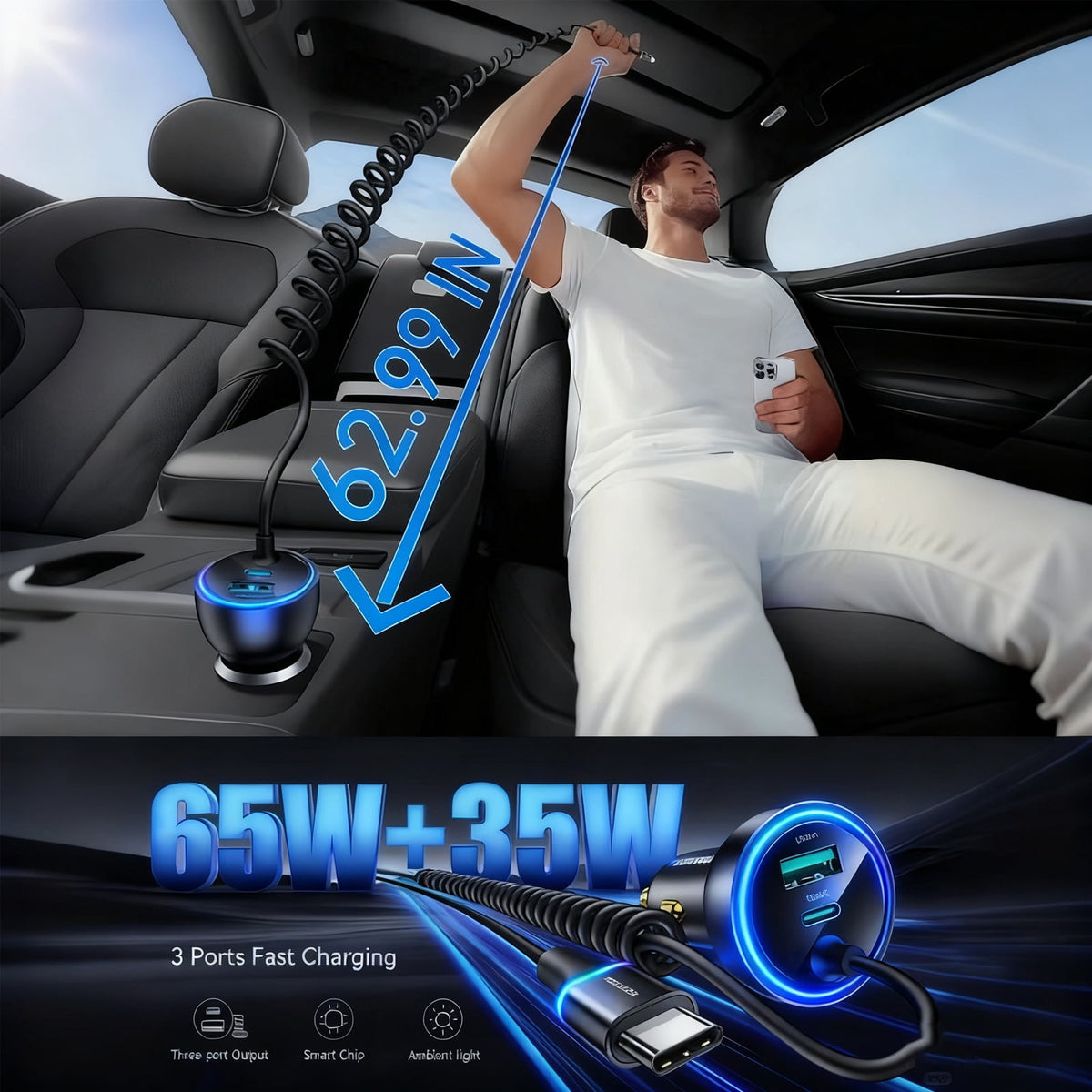 USB C Car Charger, 60W Fast Charging Dual Port PD & QC 3.0 Car Phone Charger Adapter with 5ft Built-in Type C Cable for iPhone, Samsung, Android Phones, Tablets